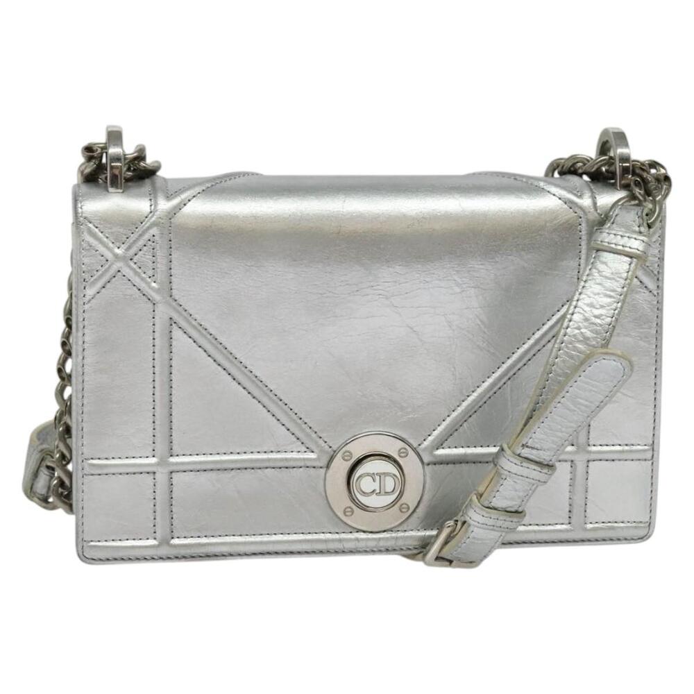 DIOR Chain Diorama Shoulder Bag Leather Silver